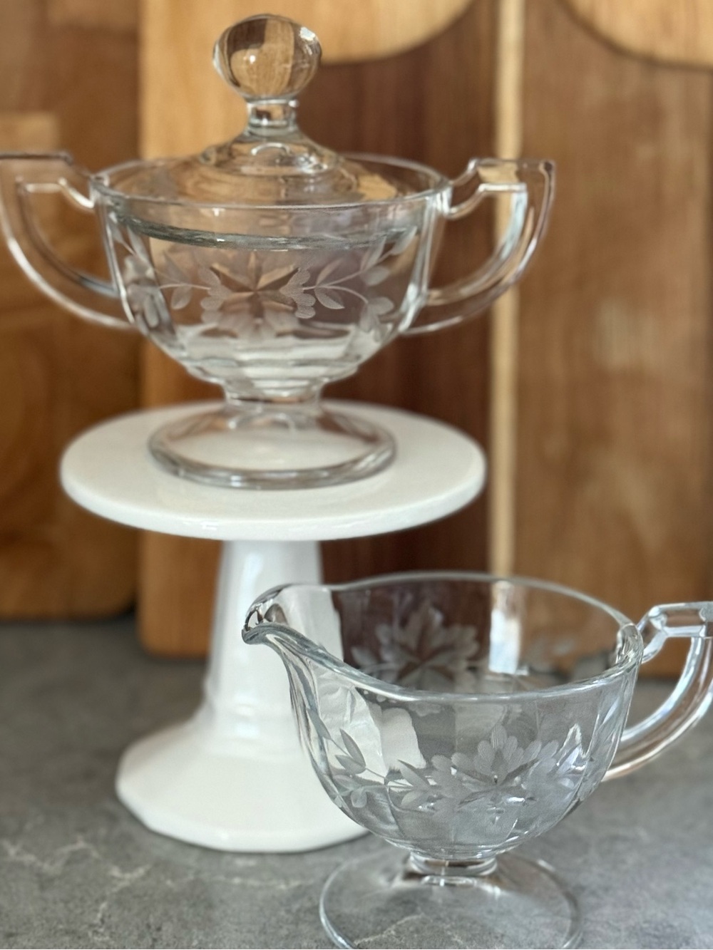 Vintage Etched Glass Sugar and Creamer with Lid Set - Clear